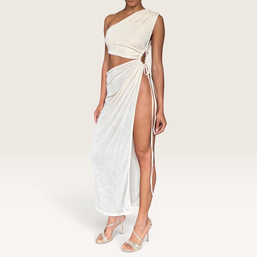One Shoulder High Slit Off-White Midi Dress Small Party Night Out Resortwear EUC - Picture 3 of 7